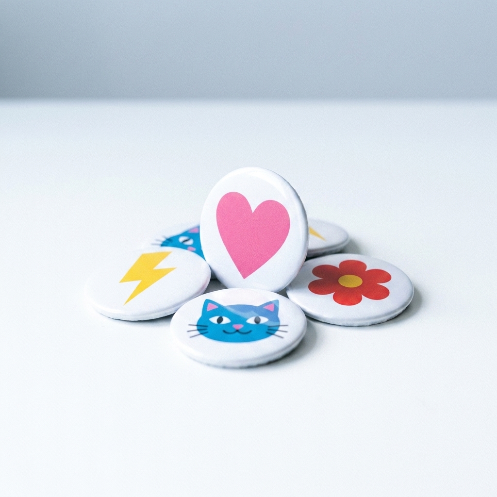 Botones redondos con diseños distintos: una flor, un gato, un rayo y un corazón