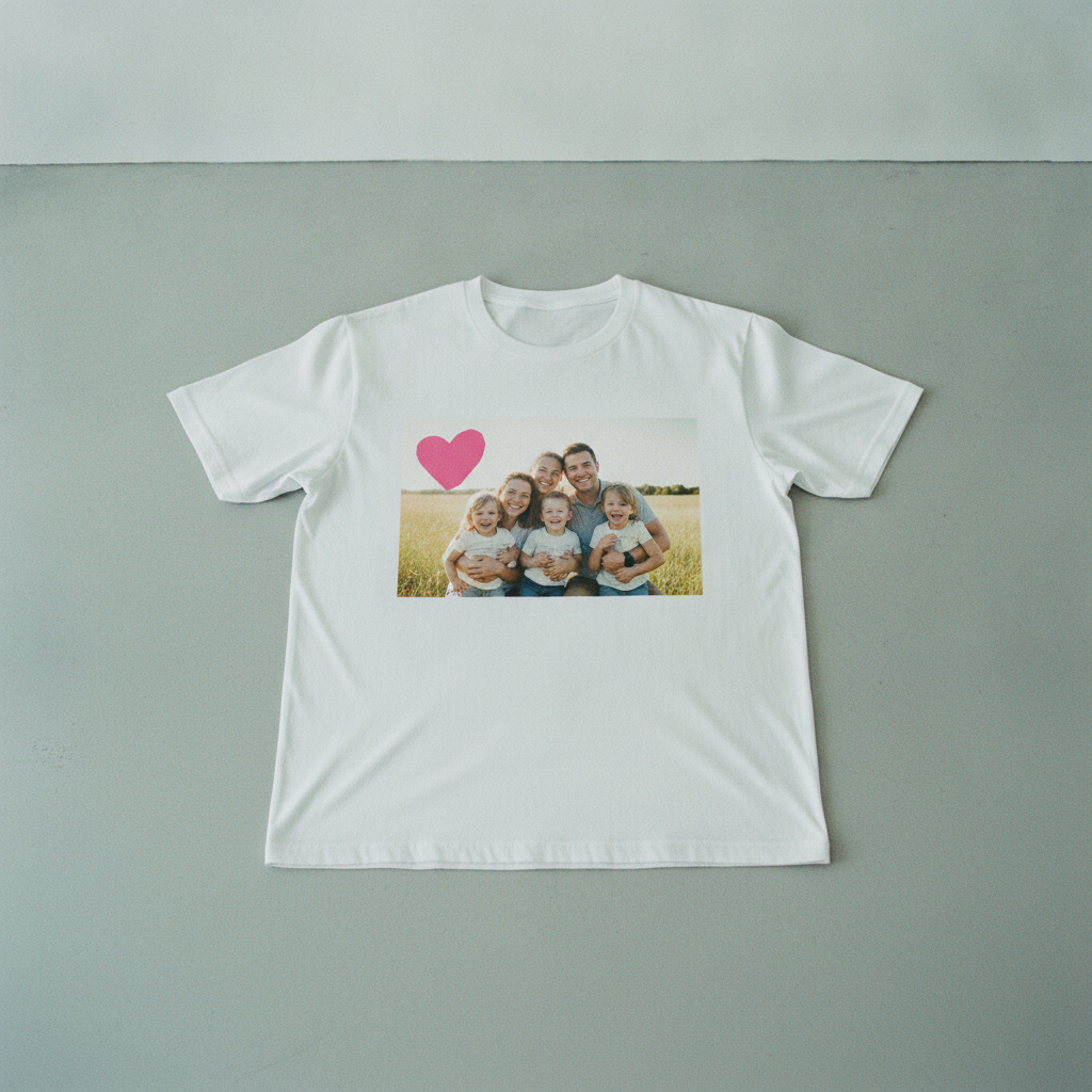 Camiseta blanca impresa con la fotografía a color de una familia