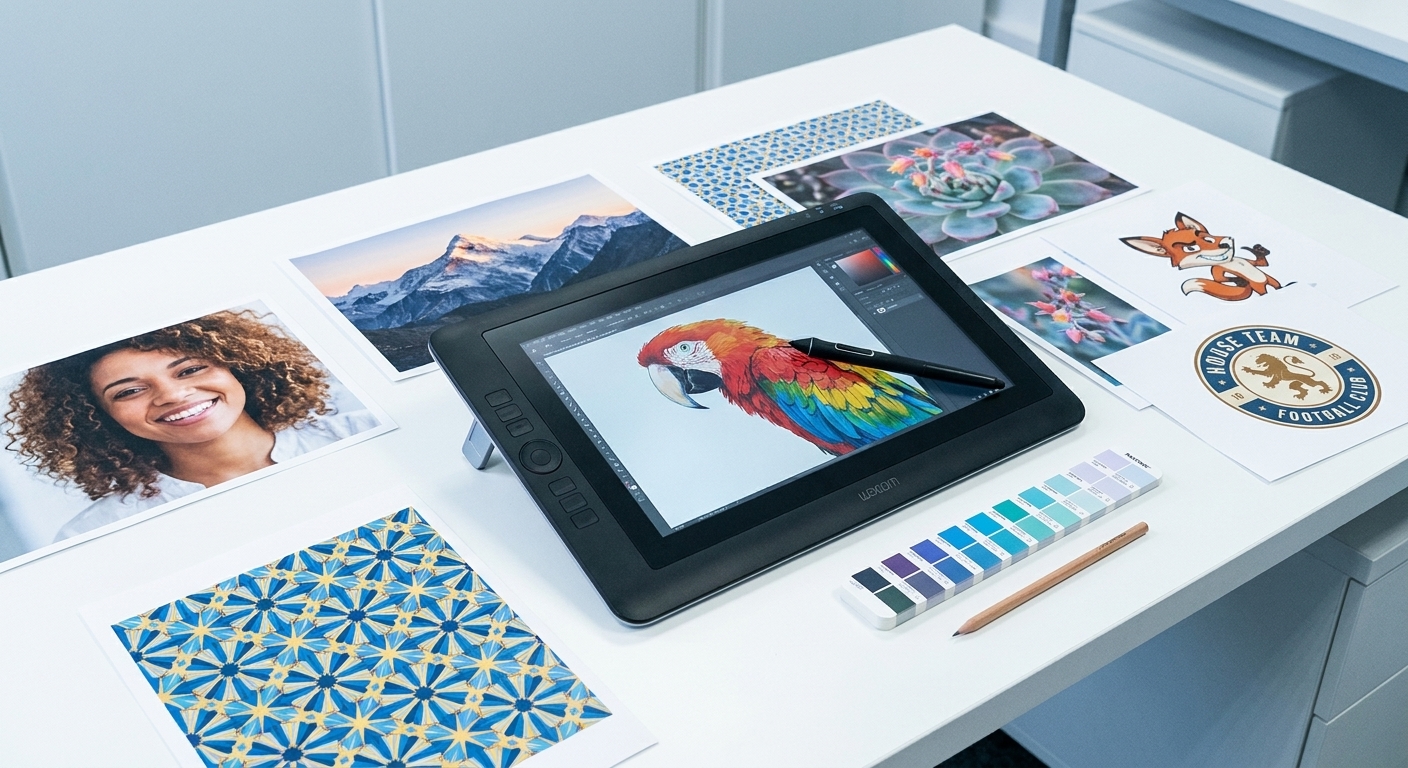 Mesa de diseño con tableta gráfica, pruebas impresas de varios diseños y muestras de color