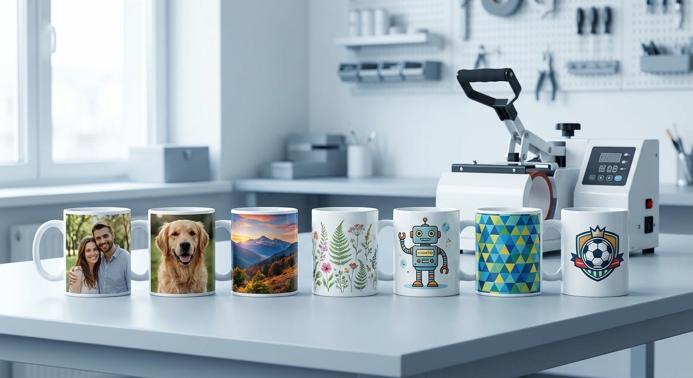 Fila de tazas recién sublimadas, cada una con un diseño distinto, junto a la prensa del taller