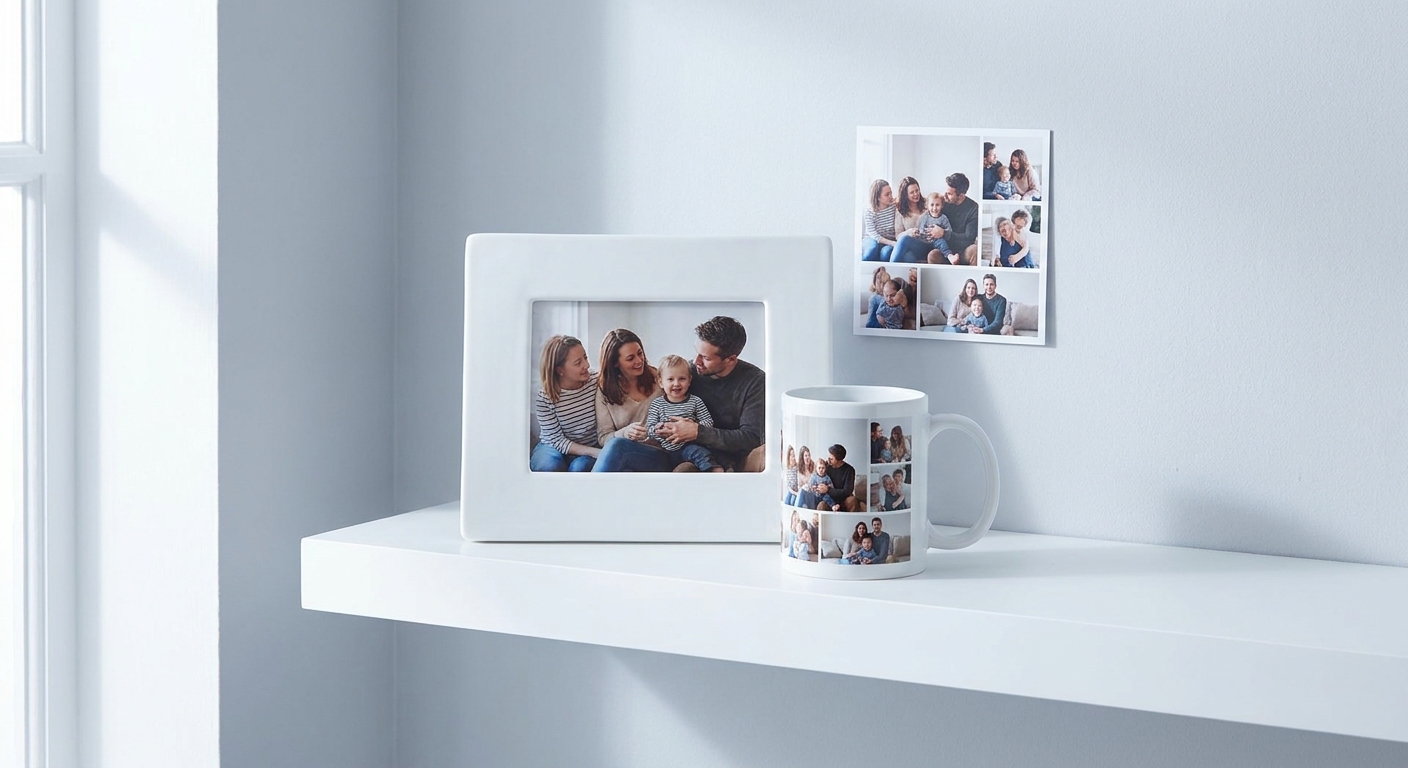 Cojín y portarretratos impresos con fotografías familiares