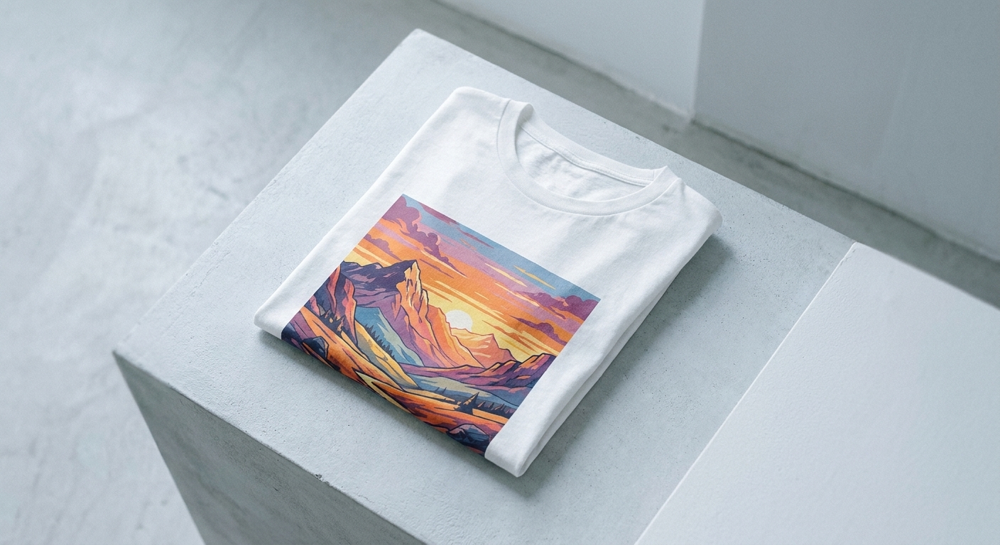 Camiseta con una ilustración de montañas al atardecer