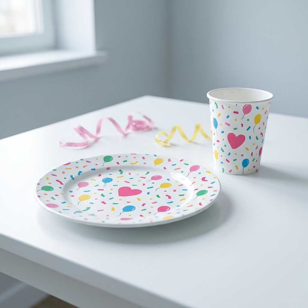 Plato y vaso estampados con confeti y globos