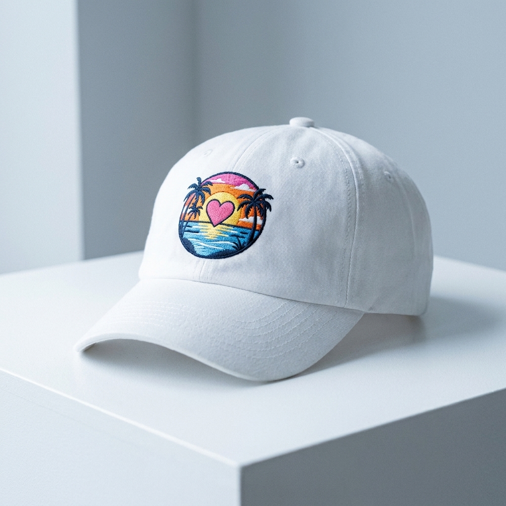 Gorra con un parche bordado de un atardecer y una palmera