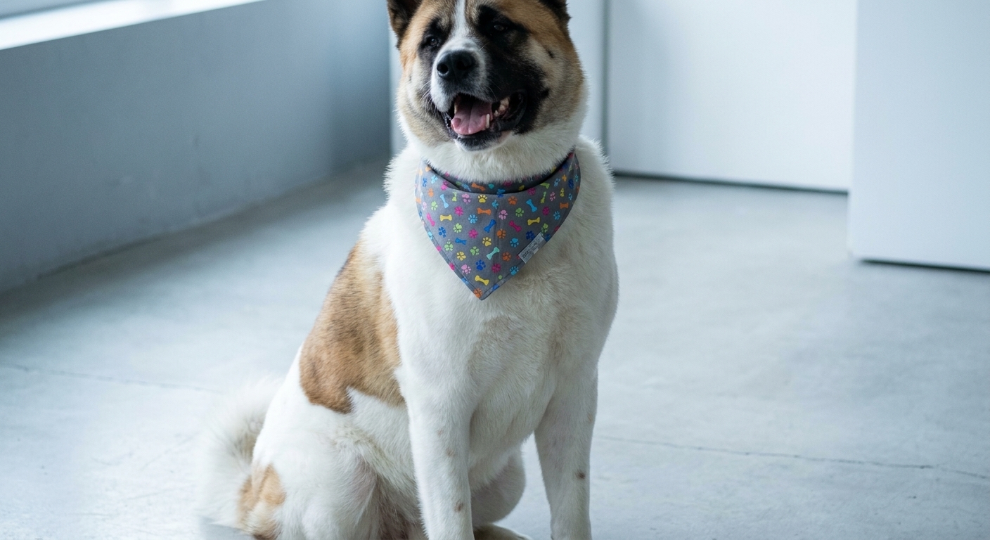 Perro con una bandana estampada de huellas de colores