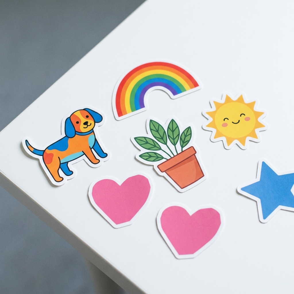 Stickers con diseños distintos: un perro, un arcoíris, una planta y un sol